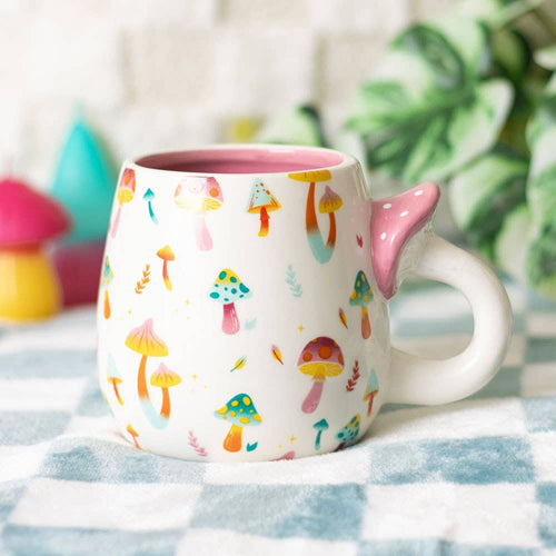 Funky Fungi Print Ceramic Mug with Mushroom Handle