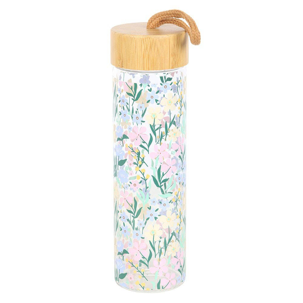 Ditsy Floral Print Glass Water Bottle with Bamboo Lid