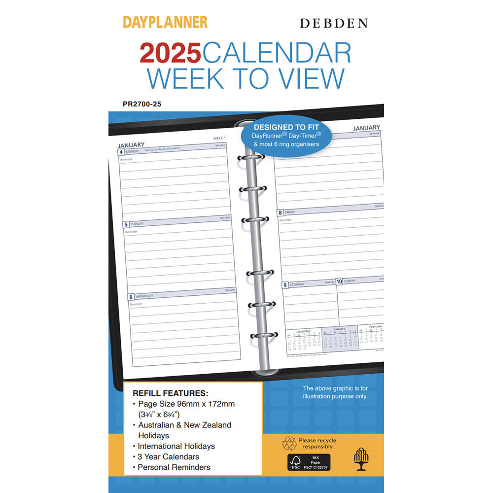 Debden Personal 6-ring '25 DayPlanner Refill 96x172mm