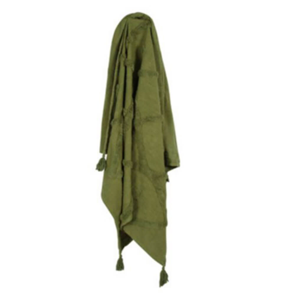 Piol Olive Green Cotton Throw met Tassle & Tufting