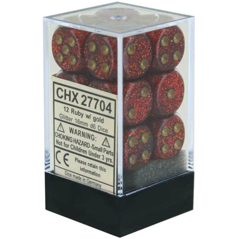 D6 terninger glitter 16mm (12 terninger)